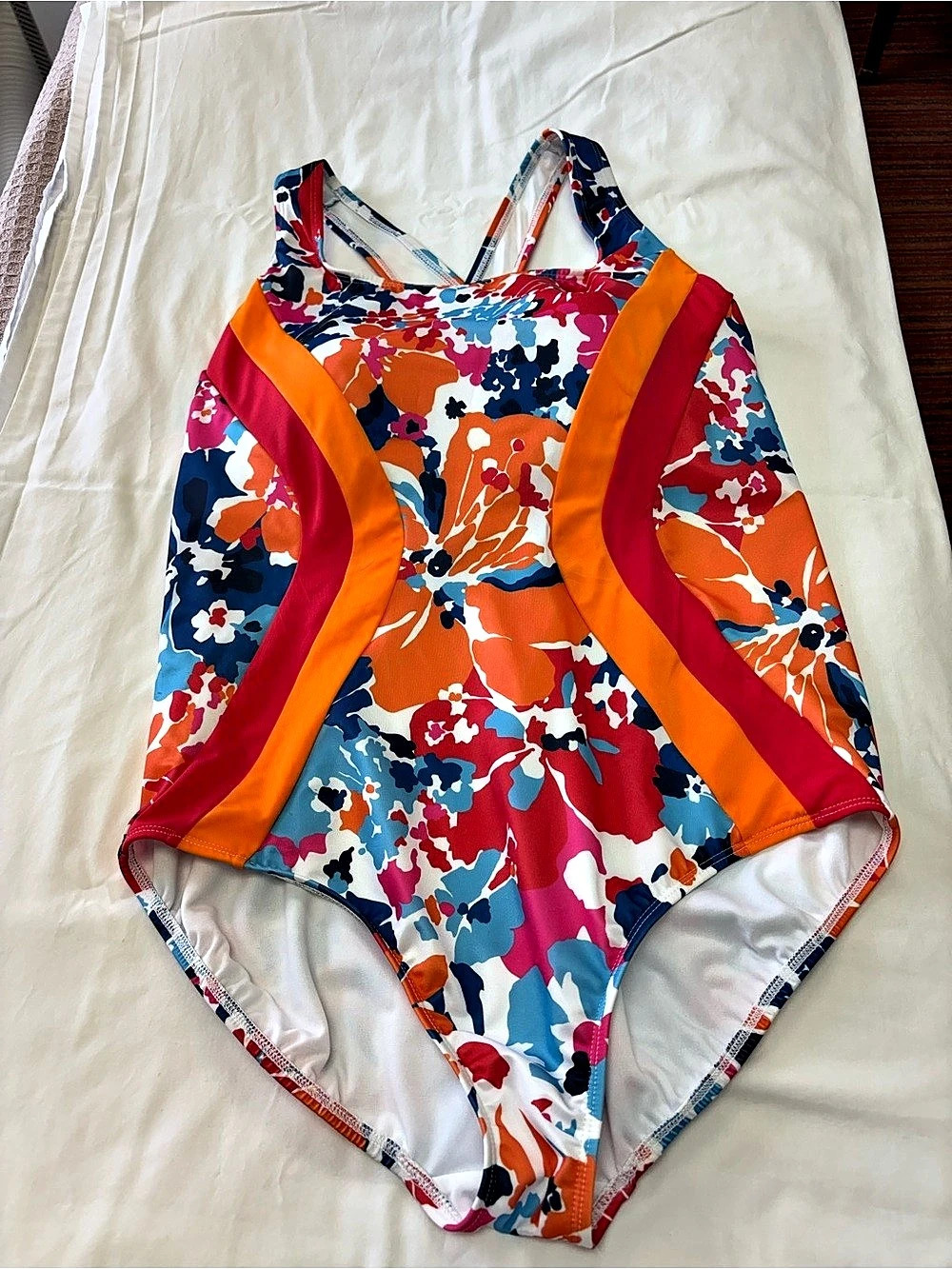 Lands' End Floral One Piece Swimsuit in Blue & Orange Size 18W Like New